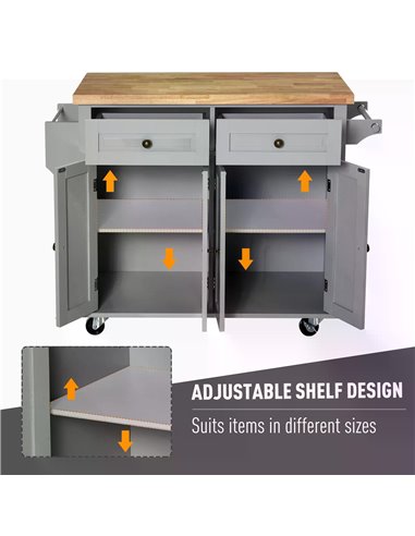 HOMCOM Rolling Kitchen Island Storage Trolley with Rubber Wood Top & Drawers for Dining Room, Grey 801-161GY