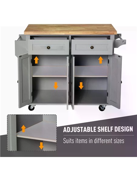 HOMCOM Rolling Kitchen Island Storage Trolley with Rubber Wood Top & Drawers for Dining Room, Grey 801-161GY - pic 43668 | FastDaddyshop