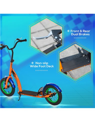 HOMCOM Kids Kick Scooter, Push Scooter, Adjustable Height, Front Rear Dual Brakes, 12-Inch Inflatable Rubber Wheels, for 5+ Year