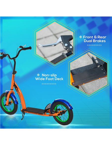HOMCOM Kids Kick Scooter, Push Scooter, Adjustable Height, Front Rear Dual Brakes, 12-Inch Inflatable Rubber Wheels, for 5+ Year - pic 4368 | FastDaddyshop