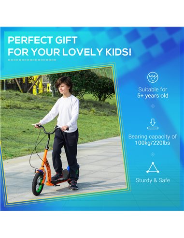 HOMCOM Kids Kick Scooter, Push Scooter, Adjustable Height, Front Rear Dual Brakes, 12-Inch Inflatable Rubber Wheels, for 5+ Year