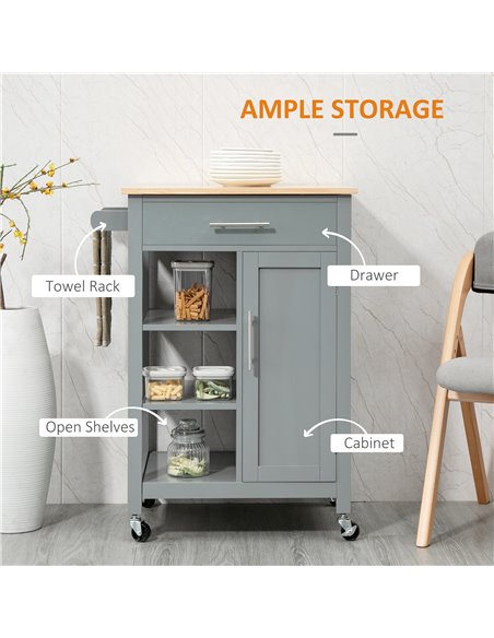 HOMCOM Compact Kitchen Trolley Utility Cart on Wheels with Open Shelf & Storage Drawer for Dining Room, Kitchen, Grey 801-211GY - pic 43692 | FastDaddyshop