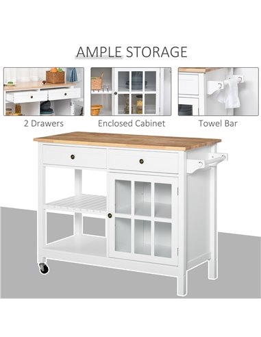 HOMCOM Modern Kitchen Island on Wheels, White & Natural 801-162V80WT
