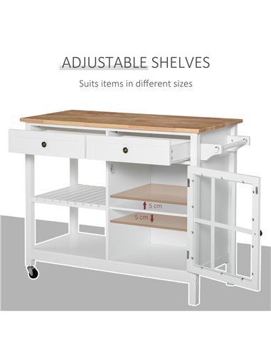 HOMCOM Modern Kitchen Island on Wheels, Kitchen Trolley Storage Cart with 2 Drawers, Cabinet, Towel Rack, Rubber Wood Top for Di