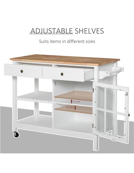 HOMCOM Modern Kitchen Island on Wheels, Kitchen Trolley Storage Cart with 2 Drawers, Cabinet, Towel Rack, Rubber Wood Top for Di - pic 43703 | FastDaddyshop