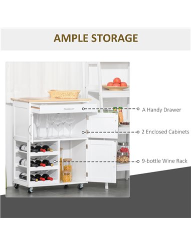 HOMCOM Modern Kitchen Trolley, Rolling Island Storage Cart, White 801-179