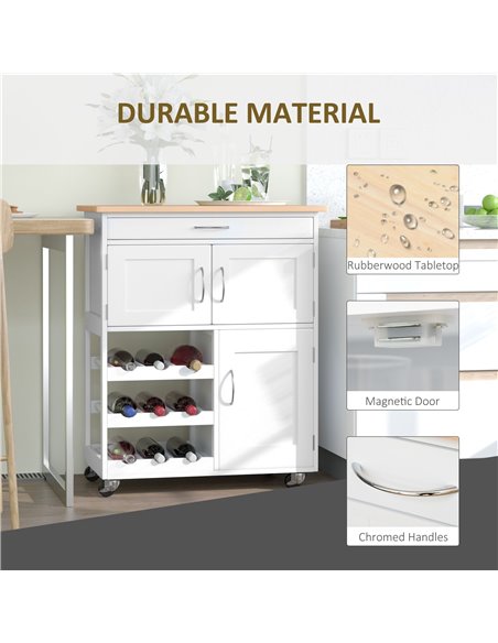 HOMCOM Modern Kitchen Trolley, Rolling Island Storage Cart with Drawer, 9-bottle Wine Rack, Door Cabinets, Wooden Countertop, Wh - pic 43712 | FastDaddyshop