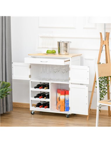HOMCOM Modern Kitchen Trolley, Rolling Island Storage Cart with Drawer, 9-bottle Wine Rack, Door Cabinets, Wooden Countertop, Wh