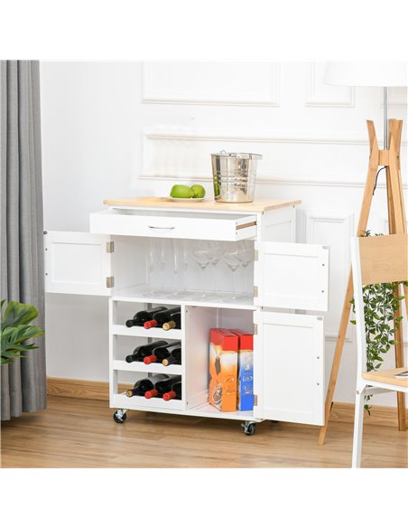 HOMCOM Modern Kitchen Trolley, Rolling Island Storage Cart with Drawer, 9-bottle Wine Rack, Door Cabinets, Wooden Countertop, Wh - pic 43713 | FastDaddyshop