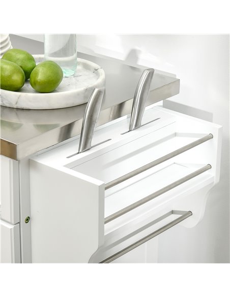 HOMCOM White Wooden Freestanding Kitchen Island on Wheels, Serving Cart Storage Trolley with Stainless Steel Top, Drawer, Side H - pic 43733 | FastDaddyshop