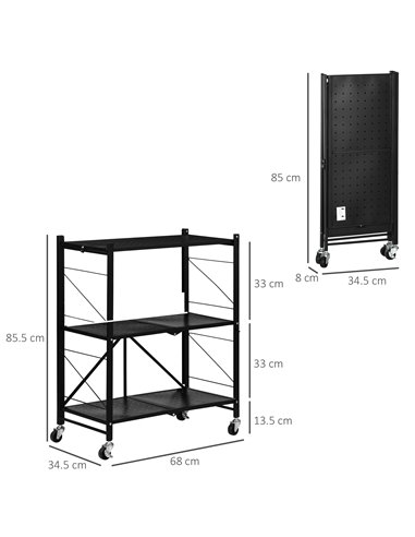 HOMCOM 3-Tier Storage Trolley Cart, Foldable Rolling Cart, Black 850-241V00BK