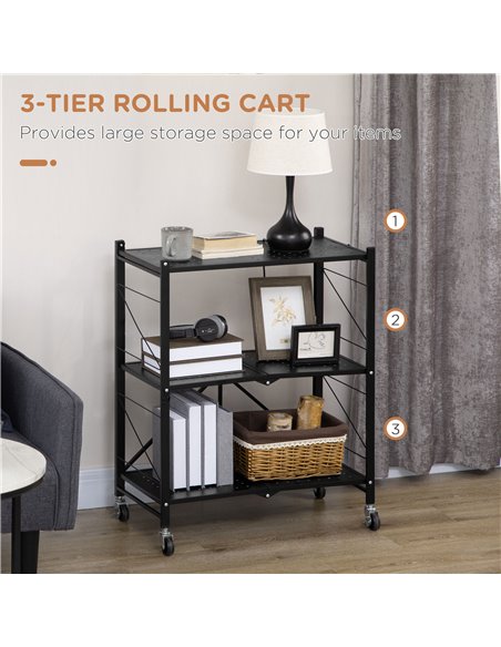 HOMCOM 3-Tier Storage Trolley Cart, Foldable Rolling Cart, Black 850-241V00BK - pic 43737 | FastDaddyshop