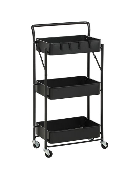 HOMCOM 3 Tier Storage Trolley Cart, Foldable Rolling Utility Cart, Black 850-161BK - pic 43743 | FastDaddyshop