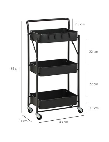 HOMCOM 3 Tier Storage Trolley Cart, Foldable Rolling Utility Cart, Black 850-161BK