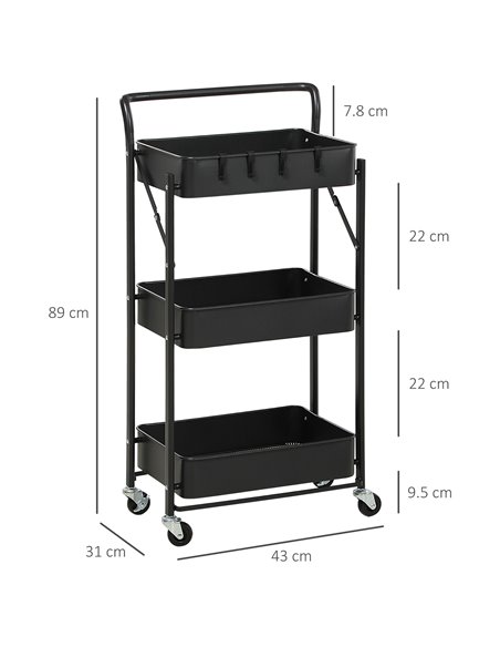 HOMCOM 3 Tier Storage Trolley Cart, Foldable Rolling Utility Cart, Black 850-161BK - pic 43745 | FastDaddyshop