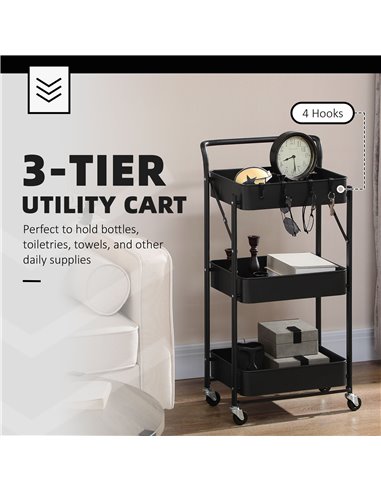 HOMCOM 3 Tier Storage Trolley Cart, Foldable Rolling Utility Cart, Black 850-161BK
