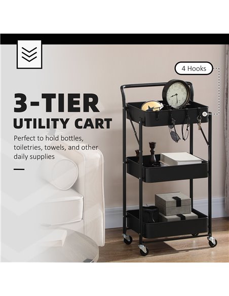 HOMCOM 3 Tier Storage Trolley Cart, Foldable Rolling Utility Cart, Black 850-161BK - pic 43746 | FastDaddyshop
