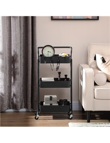 HOMCOM 3 Tier Storage Trolley Cart, Foldable Rolling Utility Cart with 3 Mesh Baskets, 4 Removable Hooks for Living Room, Laundr