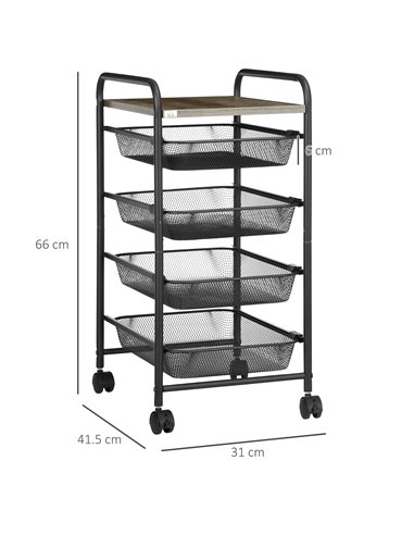HOMCOM Storage Trolley on Wheels, Rolling Utility Serving Cart with 4 Mesh Trays for Living Room, Kitchen, Black 850-257V00BK