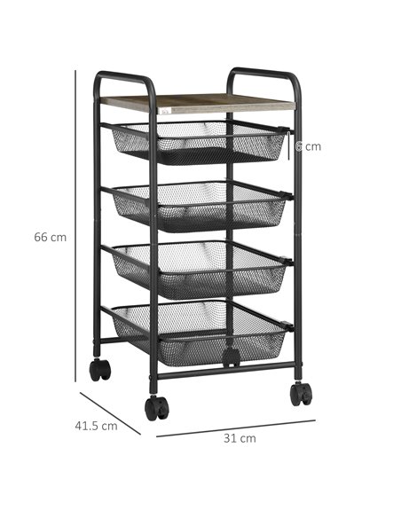 HOMCOM Storage Trolley on Wheels, Rolling Utility Serving Cart with 4 Mesh Trays for Living Room, Kitchen, Black 850-257V00BK - pic 43754 | FastDaddyshop