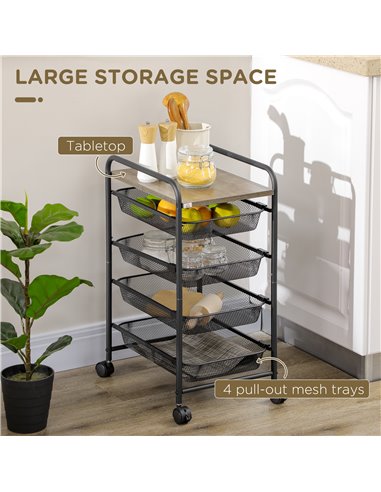 HOMCOM Storage Trolley on Wheels, Rolling Utility Serving Cart with 4 Mesh Trays for Living Room, Kitchen, Black 850-257V00BK