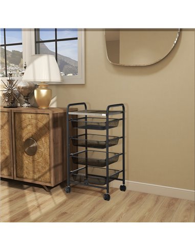 HOMCOM Storage Trolley on Wheels, Rolling Utility Serving Cart with 4 Mesh Trays for Living Room, Kitchen, Black 850-257V00BK