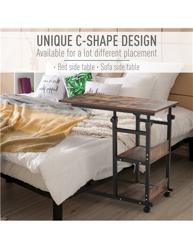 HOMCOM C-Shaped Side Table Industrial Mobile Rolling End Desk with 3-Tier Storage Shelving, Adjustable Height, Wheels 833-800