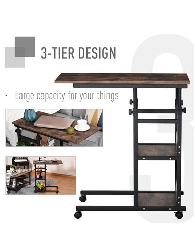 HOMCOM C-Shaped Side Table Industrial Mobile Rolling End Desk with 3-Tier Storage Shelving, Adjustable Height, Wheels 833-800