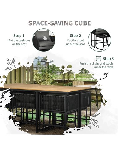 Outsunny Patio 11 PCs PE Rattan Dining Set, Garden Round Wicker 10-seater Table & Chair Sets, with Wood Grain Plastic Top, Space