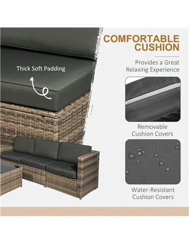 Outsunny 6-Seater Outdoor Rattan Wicker Sofa Set with Hidden Storage Side Table and Cushions, Mixed Brown 860-072CG