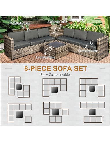 Outsunny 6-Seater Outdoor Rattan Wicker Sofa Set with Hidden Storage Side Table and Cushions, Mixed Brown 860-072CG