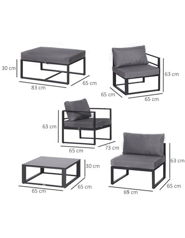 Outsunny 6 PCs Outdoor Indoor Sectional Sofa Set Thick Padded Cushions Aluminium Frame 5 Seaters 1 Coffee Table Footrest Grey 86