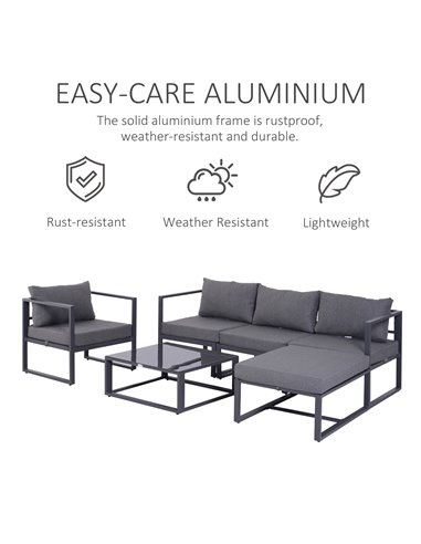 Outsunny 6 PCs Outdoor Indoor Sectional Sofa Set Thick Padded Cushions Aluminium Frame 5 Seaters 1 Coffee Table Footrest Grey 86