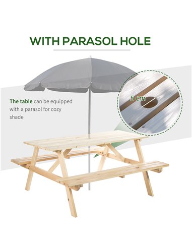 Outsunny 4 Seater Wooden Picnic Table Bench for Outdoor Garden or Patio w/ Parasol Cutout 150 cm 84B-193