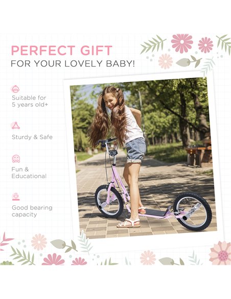 HOMCOM Youth Scooter Adult Teen Push Scooter Kids Children Stunt Scooter Bike Bicycle Ride On 16" Pneumatic Tyres , Pink - pic 4391 | FastDaddyshop