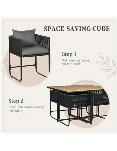 Outsunny Patio 5 PCs PE Rattan Dining Set, Garden Round Wicker 4-seater Rattan Cube Dining Sets, w/ Wood Grain Plastic Top, Spac