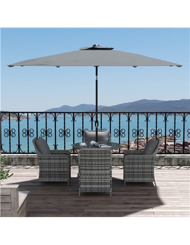 Outsunny 6 Pieces Garden Dining Set, 4 Seater Rattan Dining Set Outdoor with Umbrella, Cushions, Tempered Glass Top Table 861-08
