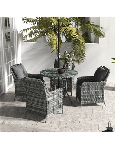 Outsunny 6 Pieces Garden Dining Set, 4 Seater Rattan Dining Set Outdoor with Umbrella, Cushions, Tempered Glass Top Table 861-08