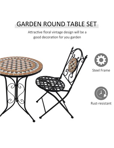 Outsunny 3 PCs Garden Mosaic Bistro Set Outdoor Patio 2 Folding Chairs & 1 Round Table  Outdoor Metal Furniture Vintage 84B-260