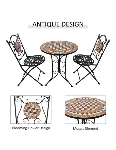 Outsunny 3 PCs Garden Mosaic Bistro Set Outdoor Patio 2 Folding Chairs & 1 Round Table  Outdoor Metal Furniture Vintage 84B-260 - pic 44055 | FastDaddyshop