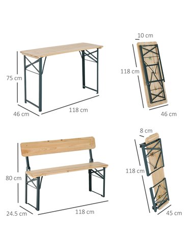 Outsunny 3 pcs Wooden Table Bench Set, Natural Wood Colour 84B-106