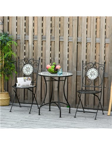 Outsunny 3 Pcs Metal Frame Mosaic Tile Garden Bistro Set, Grey 84B-525