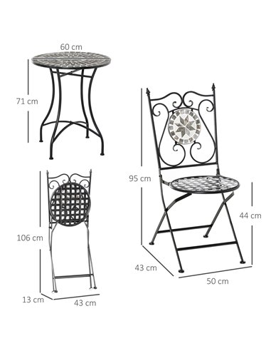 Outsunny 3 Pcs Metal Frame Mosaic Tile Garden Bistro Set, Grey 84B-525