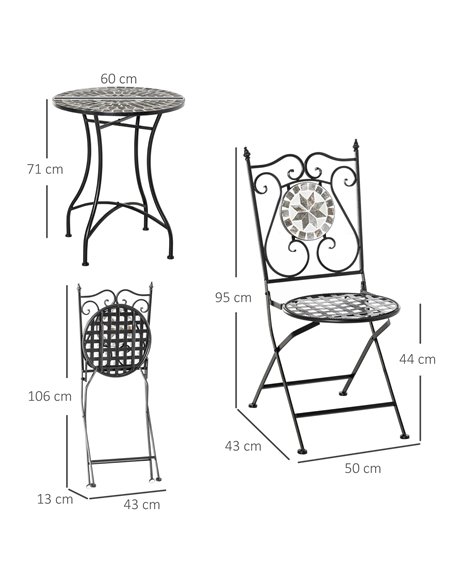 Outsunny 3 Pcs Metal Frame Mosaic Tile Garden Bistro Set, Grey 84B-525 - pic 44079 | FastDaddyshop