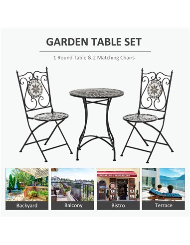 Outsunny 3 Pcs Mosaic Tile Garden Bistro Set Outdoor Seating w/ Table 2 Folding Chairs Set Metal Frame Elegant Scrolling Indoor 