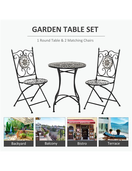 Outsunny 3 Pcs Mosaic Tile Garden Bistro Set Outdoor Seating w/ Table 2 Folding Chairs Set Metal Frame Elegant Scrolling Indoor  - pic 44081 | FastDaddyshop