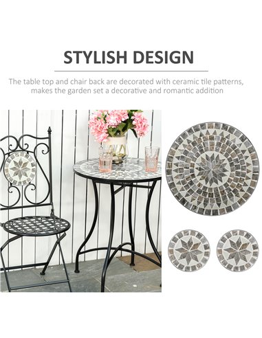 Outsunny 3 Pcs Mosaic Tile Garden Bistro Set Outdoor Seating w/ Table 2 Folding Chairs Set Metal Frame Elegant Scrolling Indoor 