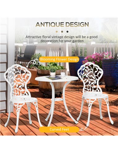 Outsunny 3 Pcs Aluminium Bistro Set Garden Furniture Dining Table Chairs Antique Outdoor Seat Patio Seater White 84B-028V00WT
