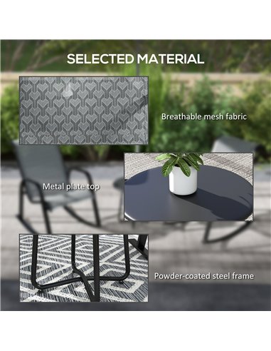 Outsunny 3 Pcs Garden Rocking Set w/ 2 Armchairs, Metal Top Coffee Table, Patio Bistro Set w/ Curved Armrests, Breathable Mesh F