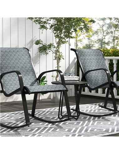 Outsunny 3 Pcs Garden Rocking Set w/ 2 Armchairs, Metal Top Coffee Table, Patio Bistro Set w/ Curved Armrests, Breathable Mesh F